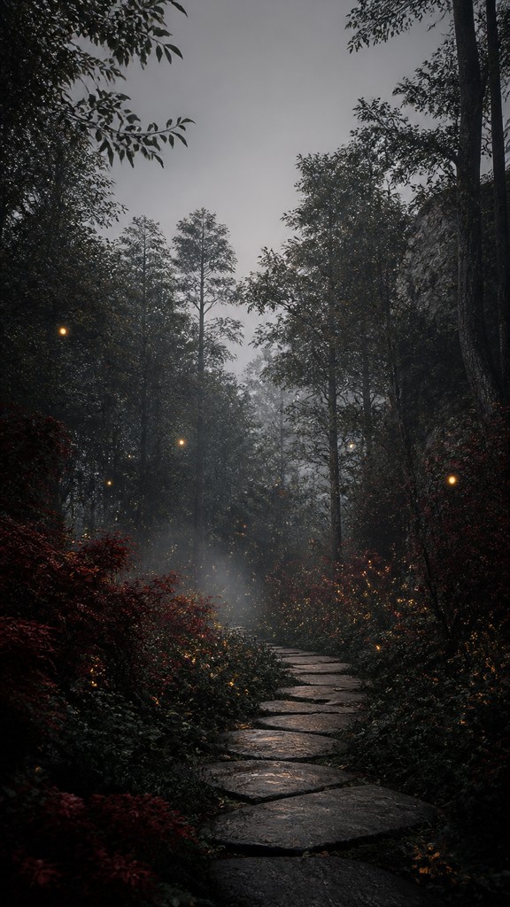 a mysterious forest path with fireflies and drifting mist, atmospheric vertical composition with open space at the top, no text