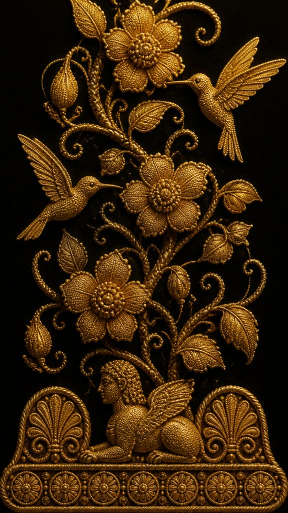 a climbing vine of flowers and hummingbirds on a dark background, tall wrapping composition, no text