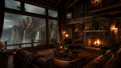 a cliffside city with waterfalls cascading into a misty canyon, wide establishing shot, no people, no text