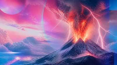 an erupting volcano with lightning strikes, dramatic wide composition, no text