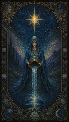 a robed figure pouring water beneath a large eight-pointed star in a night sky, symmetrical composition with an ornate decorative border, no text