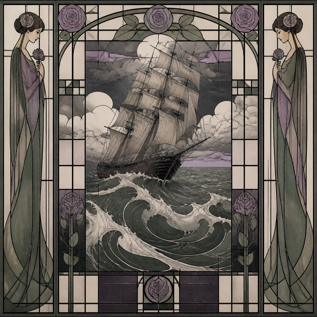 sailing ship on a stormy sea — Glasgow Style Art Nouveau