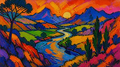 a vast valley with a river winding toward distant mountains at sunrise, no people, no text