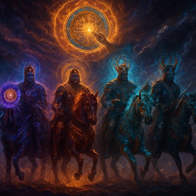 “Create an epic, dramatic depiction of the Four Horsemen of the Apocalypse from Revelation 6:1–8. Show four powerful riders emerging with force as the Lamb opens the seals in the heavens. Highlight the sacred Seals being opened—radiant, glowing, and releasing divine power. Set the scene in a storm-torn sky filled with swirling dark clouds, flashes of supernatural light, and a trembling landscape beneath their arrival. Use a dark yet vivid apocalyptic color palette with intense contrasts and dramatic, celestial lighting to emphasize the sense of unstoppable divine judgment. Style should blend high-detail fantasy realism with majestic biblical grandeur.”