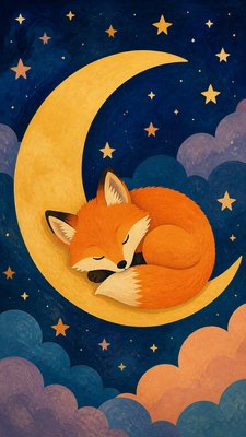 a sleeping baby fox curled on a crescent moon among soft stars, gentle and warm, no text