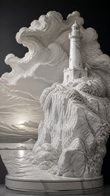 a lone lighthouse on a cliff at dusk under a dramatic sky, no text or lettering
