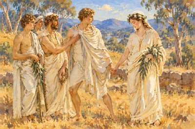 a painting of a group of people holding hands