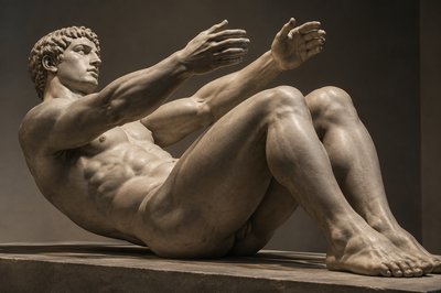 ancient greek ignudi athlete with-his-back on the ground and his hands and torso raised over his legs