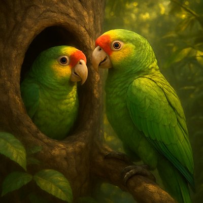 Digital Art Style, Romanticism Art Style, a tender and intimate painting depicting a monogamous pair of Red-lored Amazon parrots in their natural habitat. The scene focuses on the vibrant pair, with their striking bright green plumage, distinctive red forehead and lores (area between eye and beak), and splashes of yellow on their cheeks and crown, rendered with exquisite detail and luminous digital color. One parrot is gracefully perched near the entrance of a natural tree cavity, which serves as their nest, while its mate is close by, perhaps peeking from within the cavity or perched affectionately beside it. Their interaction conveys a deep sense of affection, mutual care, and secure bonding. The surrounding environment is a lush, vibrant tropical forest, with sunlight dappling through dense foliage, creating a warm, inviting atmosphere. Focus on the fine feather details and expressive eyes of the parrots, the tender intimacy of their pair bond, and the secure, natural beauty of their tree cavity nest within the verdant jungle.