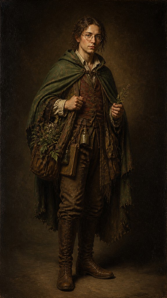 full-body original character: a wandering botanist with a satchel of plants, a patched green cloak, tall boots and round glasses, neutral background