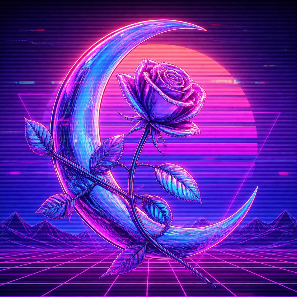 a rose entwined with a crescent moon, clean balanced composition on a plain background, no text