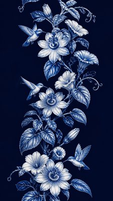 a climbing vine of flowers and hummingbirds on a dark background, tall wrapping composition, no text