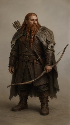 full-body original character: a dwarven ranger with a braided auburn beard, worn leather armor, a longbow and a wolf-pelt cloak, neutral background, no text
