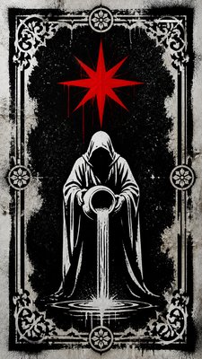 a robed figure pouring water beneath a large eight-pointed star in a night sky, symmetrical composition with an ornate decorative border, no text