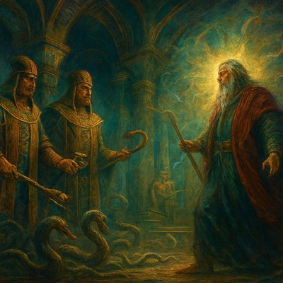 "fresco painting, stylized Egyptian profile, hieroglyphic details, vibrant earth tones"A dramatic, indoor scene from the Book of Exodus depicting the confrontation between Moses and the Egyptian magicians, Jannes and Jambres, in the court of Pharaoh. In the foreground, Jannes and Jambres stand proudly, dressed in ornate, gold-trimmed Egyptian robes, their faces stern and defiant. They are surrounded by their magical staffs and are attempting to replicate a miracle, perhaps surrounded by writhing, magically created snakes. Moses stands opposite them, his figure conveying authority and resolve, illuminated by a stark, celestial light. The background is a grand, dimly lit hall in the Egyptian palace, filled with massive columns and Pharaoh watching from his throne. The mood is one of intense rivalry, ancient power, and dramatic tension."