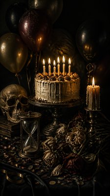 a birthday cake with lit candles surrounded by balloons and confetti, festive vertical composition, no text