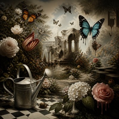 a garden scene with butterflies, flowers and a watering can, clean uncolored line art, no text