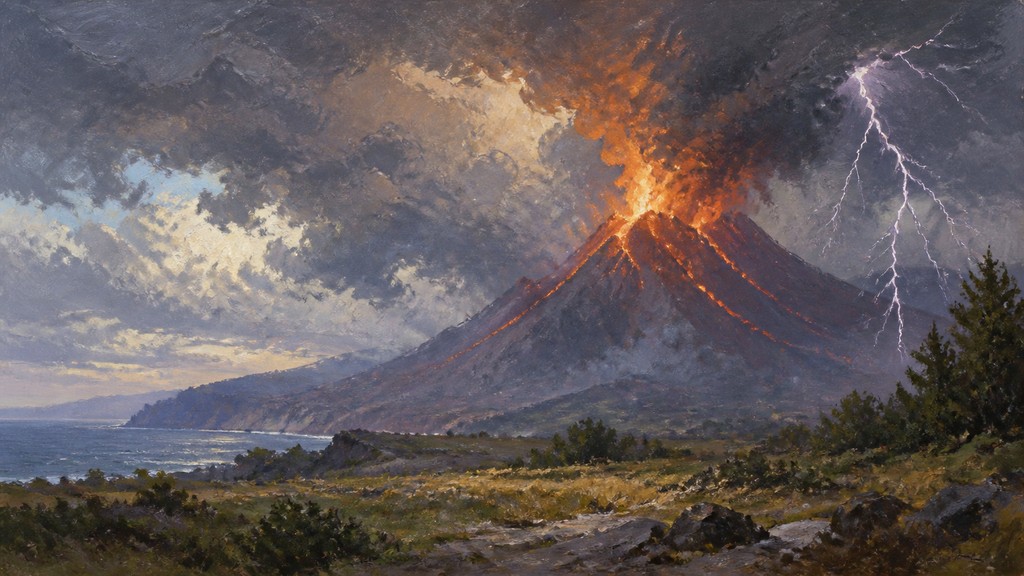 an erupting volcano with lightning strikes, dramatic wide composition, no text