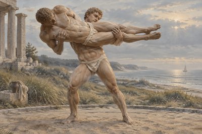a painting of a man holding another man