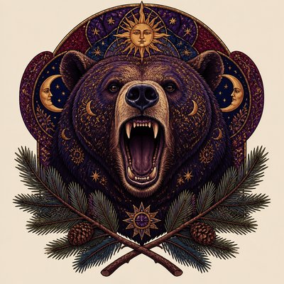 a roaring bear head above crossed pine branches, bold graphic composition on a plain background, no text