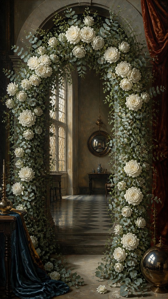 an arch of white roses and eucalyptus in soft morning light, elegant vertical composition with open space, no text