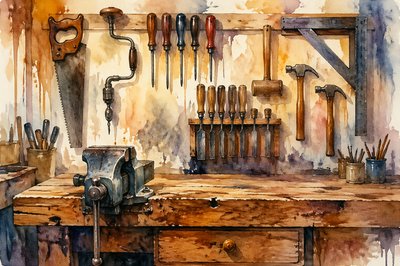 Walking into a workshop, a clean, but well-used work area with low light, I see a straight-on view of an old workbench with a vise mounted on it, with tools hanging on the wall behind it. A handsaw, brace-and-bit, several different size and styles of screwdrivers, several chisels hanging in a rack together, a couple mallets and clawhammers, and particularly, a large carpenter's square.