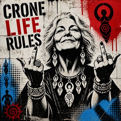 Text: Crone Life Rules

Images: Older woman of unidentified race, with silver mid-length hair, looking joyful, giving "the bird" with both hands. Have her jewelry reflect the icons of prehistoric goddesses.