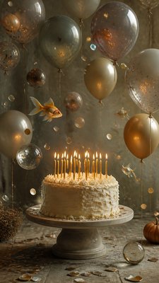a birthday cake with lit candles surrounded by balloons and confetti, festive vertical composition, no text