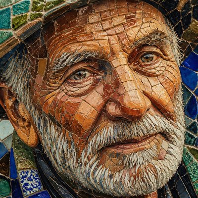 close-up portrait of an elderly person with expressive weathered features