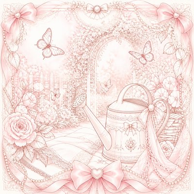 a garden scene with butterflies, flowers and a watering can, clean uncolored line art, no text