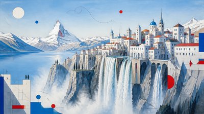 a cliffside city with waterfalls cascading into a misty canyon, wide establishing shot, no people, no text