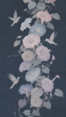 a climbing vine of flowers and hummingbirds on a dark background, tall wrapping composition, no text