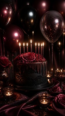 a birthday cake with lit candles surrounded by balloons and confetti, festive vertical composition, no text