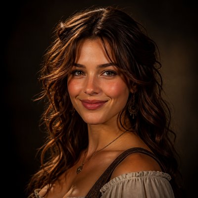 head-and-shoulders portrait of an original character: a young woman with wavy chestnut hair and a warm smile, plain soft backdrop
