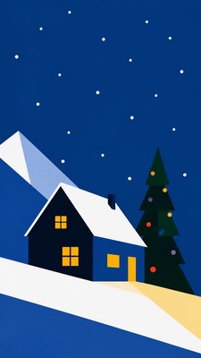 a snow-covered cottage with warm glowing windows beside a decorated pine tree, gentle snowfall, no text