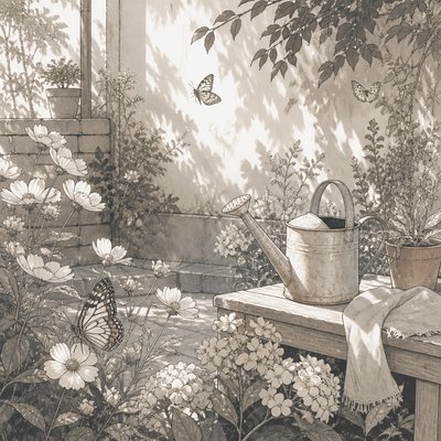 a garden scene with butterflies, flowers and a watering can, clean uncolored line art, no text
