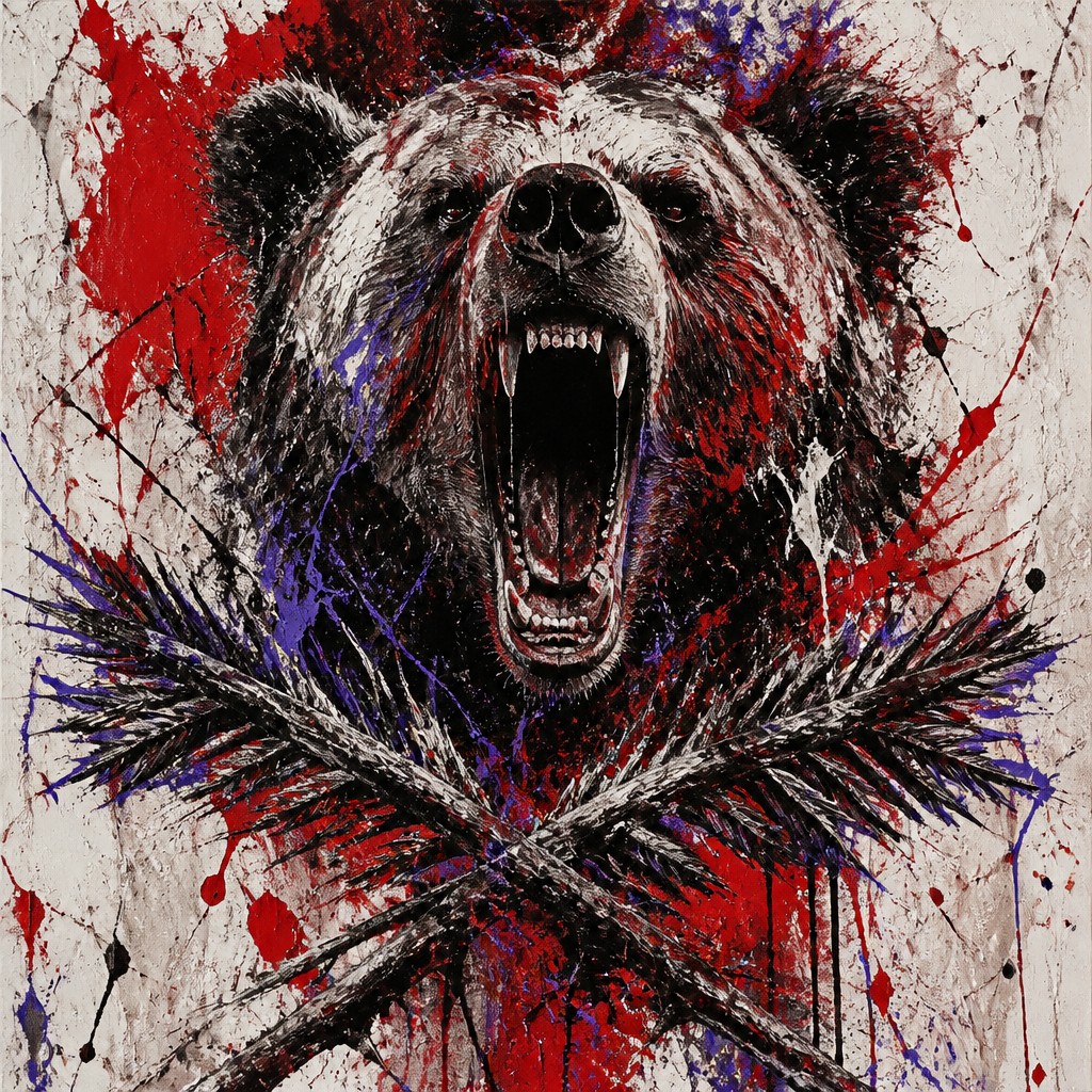 a roaring bear head above crossed pine branches, bold graphic composition on a plain background, no text