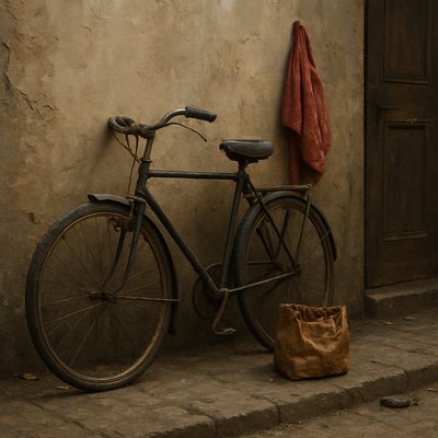 bicyle resting against a wall
