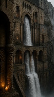 towering waterfall cascading down a cliff