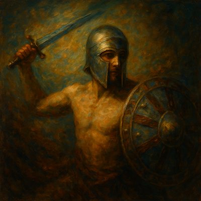 a painting of a man holding a sword and a shield