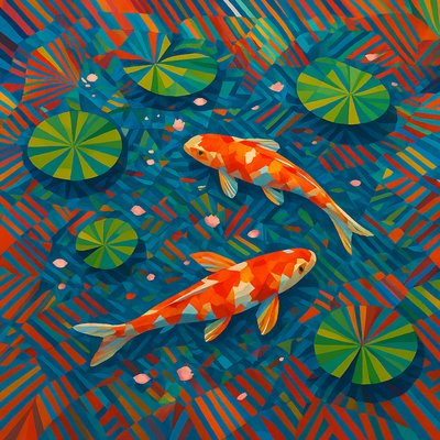 A koi pond seen from above, orange and white koi fish swimming among lily pads, clear water with subtle ripples, fallen cherry blossom petals floating on the surface, dappled sunlight