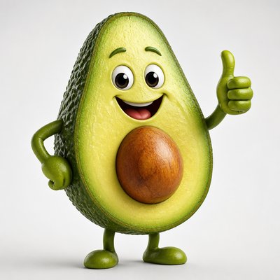 a happy avocado character giving a thumbs up, bold readable design on a plain background, no text