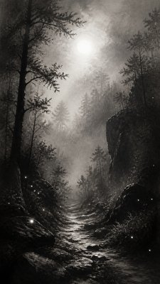 a mysterious forest path with fireflies and drifting mist, atmospheric vertical composition with open space at the top, no text
