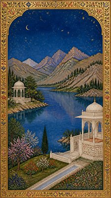 a tranquil mountain lake beneath a starry night sky, no people, no text