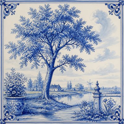a tree in nature — Delft Blue Art Style