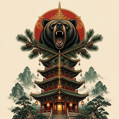 a roaring bear head above crossed pine branches, bold graphic composition on a plain background, no text