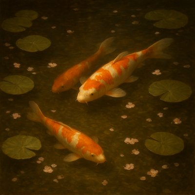 A koi pond seen from above, orange and white koi fish swimming among lily pads, clear water with subtle ripples, fallen cherry blossom petals floating on the surface, dappled sunlight