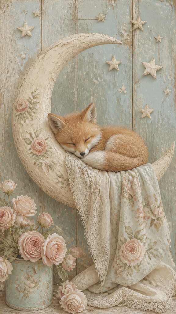 a sleeping baby fox curled on a crescent moon among soft stars, gentle and warm, no text