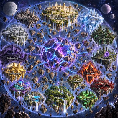 Epic fantasy map of Xylorathen, a shattered planet seen as a three-dimensional globe in deep space. A molten purple-and-blue planetary mantle glows at the center, the exposed core of a broken world, with no name on it. Bright blue and purple ley-line tethers and faint chains link every major island to the mantle. A faint spherical energy shell outlines the old planet. Three moons of different sizes orbit outside the shell. Many tiny unnamed shattered rock fragments float between the major islands; some are barren, some have camps or tiny villages. Each major island has a subtle translucent gravity dome. Islands vary in size. Labels are clean white fantasy text with dark outlines, fully readable, not warped.
Named islands:
Boneclaw Reach: barren spiked rocky island, jagged bone-like stone spires and dark caves, upper left.
Gildhaven: the largest island, a populated golden city of grand arches, streets, bridges, and living buildings, not empty ruins.
Crystalspire: towering icy island of blue-white glaciers and frozen spires.
Whispergrove: pale misty forest island, soft gray-green trees and fog.
Thornspire: twisted dark-green thorny island of living briars.
Riftspire: green ruined-tower island with one modest purple magical rift, not a giant tornado.
Shadowed Spire: dark purple tower island in swirling shadow.
Sunforge Heights: bright golden rocky peak, separate from Emberpeak.
Emberpeak: fiery orange-red volcanic island with lava cracks.
Mushroom Vale: smaller compact island of vibrant glowing purple and teal giant mushrooms.
Verdant Cascade: lush green forest island with several waterfalls.
Gobwarren: much smaller forested rocky island with crude goblin structures among the trees.
Azure Falls: small waterfall island with a bright blue lake, short cascades, and tiny cliff cities.
Crimson Thicket: rocky island covered in dense crimson autumn forest, no lava.
Glowfen: floating island of glowing green swamp and bioluminescent pools, with visible rocky edges.
Cinematic lighting, sharp detail, no blur, no duplicate labels, no tentacle monsters, no text other than the island names