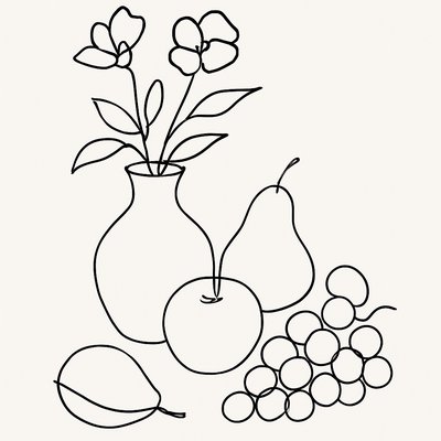 still life arrangement of fruits and flowers